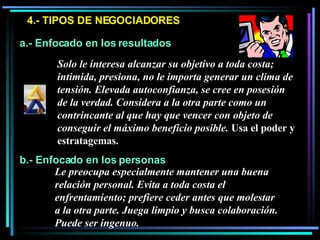 4.- TIPOS DE NEGOCIADORES a.- Enfocado en los resultados b.- Enfocado en los personas Solo le interesa alcanzar su objetivo a toda costa; intimida, presiona, no le importa generar un clima de tensión. Elevada autoconfianza, se cree en posesión de la verdad. Considera a la otra parte como un contrincante al que hay que vencer con objeto de conseguir el máximo beneficio posible.  Usa el poder y estratagemas.  Le preocupa especialmente mantener una buena relación personal. Evita a toda costa el enfrentamiento; prefiere ceder antes que molestar a la otra parte. Juega limpio y busca colaboración. Puede ser ingenuo. 