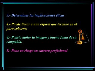 3.- Determinar las implicaciones éticas 4.- Puede llevar a una espiral que termine en el puro soborno.   4.- Podría dañar la imagen y buena fama de su compañía.  5.- Pone en riesgo su carrera profesional 