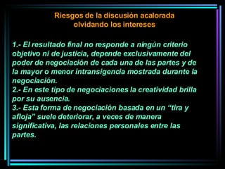 1.- El resultado final no responde a ningún criterio objetivo ni de justicia, depende exclusivamente del poder de negociación de cada una de las partes y de la mayor o menor intransigencia mostrada durante la negociación.  2.- En este tipo de negociaciones la creatividad brilla por su ausencia.  3.- Esta forma de negociación basada en un “tira y afloja” suele deteriorar, a veces de manera significativa, las relaciones personales entre las partes. Riesgos de la discusión acalorada olvidando los intereses 