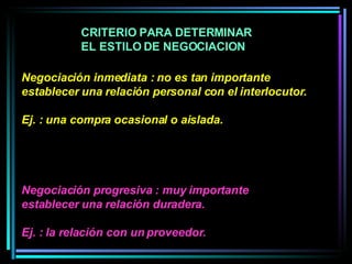 Negociación inmediata : no es tan importante establecer una relación personal con el interlocutor.  Ej. : una compra ocasional o aislada.  Negociación progresiva : muy importante establecer una relación duradera. Ej. : la relación con un proveedor.   CRITERIO PARA DETERMINAR EL ESTILO DE NEGOCIACION  