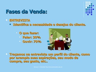 Fases da Venda: ENTREVISTA Identifica a necessidade e desejos do cliente. O que fazer: Falar: 30% Ouvir: 70% Traçamos na entrevista um perfil do cliente, como por exemplo suas aspirações, seu modo de compra, seu gosto, etc.. 