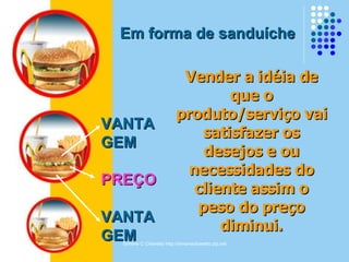 VANTAGEM PREÇO VANTAGEM Em forma de sanduíche Vender a idéia de que o produto/serviço vai satisfazer os desejos e ou necessidades do cliente assim o peso do preço diminui. 