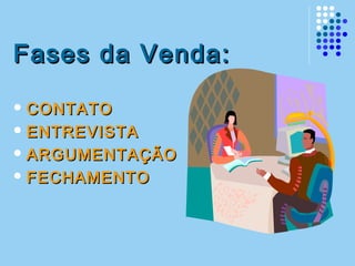 Fases da Venda:Fases da Venda:
 CONTATOCONTATO
 ENTREVISTAENTREVISTA
 ARGUMENTAÇÃOARGUMENTAÇÃO
 FECHAMENTOFECHAMENTO
 