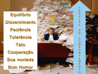 Simone C Chiaretto
http://simonechiaretto.zip.net
EquilíbrioEquilíbrio
DiscernimentoDiscernimento
PaciênciaPaciência
TolerânciaTolerância
TatoTato
CooperaçãoCooperação
Boa vontadeBoa vontade
Bom HumorBom Humor
TT
EE
CC
NN
II
CC
AA
DD
OO
CC
OO
MM
PP
OO
RR
TT
AA
MM
EE
NN
TT
OO
 
