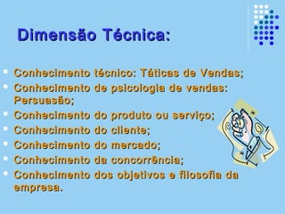 Dimensão Técnica:Dimensão Técnica:
 Conhecimento técnico: Táticas de Vendas;Conhecimento técnico: Táticas de Vendas;
 Conhecimento de psicologia de vendas:Conhecimento de psicologia de vendas:
Persuasão;Persuasão;
 Conhecimento do produto ou serviço;Conhecimento do produto ou serviço;
 Conhecimento do cliente;Conhecimento do cliente;
 Conhecimento do mercado;Conhecimento do mercado;
 Conhecimento da concorrência;Conhecimento da concorrência;
 Conhecimento dos objetivos e filosofia daConhecimento dos objetivos e filosofia da
empresa.empresa.
 
