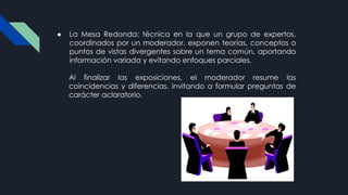 ● La Mesa Redonda: técnica en la que un grupo de expertos,
coordinados por un moderador, exponen teorías, conceptos o
puntos de vistas divergentes sobre un tema común, aportando
información variada y evitando enfoques parciales.
Al finalizar las exposiciones, el moderador resume las
coincidencias y diferencias, invitando a formular preguntas de
carácter aclaratorio.
 
