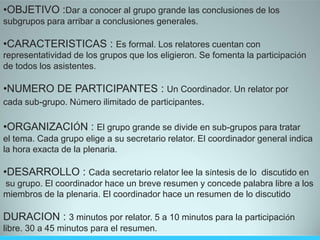 •OBJETIVO :Dar a conocer al grupo grande las conclusiones de los
subgrupos para arribar a conclusiones generales.
•CARACTERISTICAS : Es formal. Los relatores cuentan con
representatividad de los grupos que los eligieron. Se fomenta la participación
de todos los asistentes.
•NUMERO DE PARTICIPANTES : Un Coordinador. Un relator por
cada sub-grupo. Número ilimitado de participantes.
•ORGANIZACIÓN : El grupo grande se divide en sub-grupos para tratar
el tema. Cada grupo elige a su secretario relator. El coordinador general indica
la hora exacta de la plenaria.
•DESARROLLO : Cada secretario relator lee la síntesis de lo discutido en
su grupo. El coordinador hace un breve resumen y concede palabra libre a los
miembros de la plenaria. El coordinador hace un resumen de lo discutido
DURACION : 3 minutos por relator. 5 a 10 minutos para la participación
libre. 30 a 45 minutos para el resumen.
 
