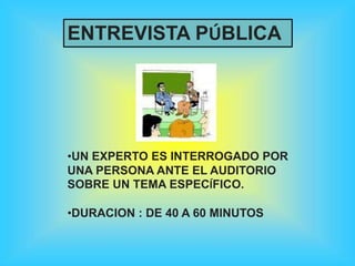 •UN EXPERTO ES INTERROGADO POR
UNA PERSONA ANTE EL AUDITORIO
SOBRE UN TEMA ESPECÍFICO.
•DURACION : DE 40 A 60 MINUTOS
ENTREVISTA PÚBLICA
 