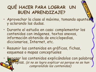 QUÉ HACER PARA LOGRAR UN
BUEN APRENDIZAJE?
• Aprovechar la clase al máximo, tomando apuntes
y aclarando las dudas.
• Durante el estudio en casa: complementar los
contenidos con imágenes, textos anexos,
información obtenida de enciclopedias,
diccionarios, Internet, etc.
• Resumir los contenidos en gráficos, fichas,
esquemas o mapas conceptuales
• Repasar los contenidos explicándolos con palabras
propias. (si no se logra explicar es porque no se han
comprendido los contenidos)
 