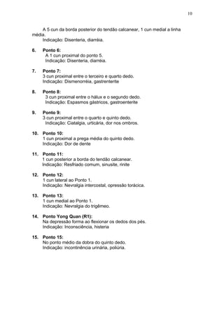 A 5 cun da borda posterior do tendão calcanear, 1 cun medial a linha
média.
Indicação: Disenteria, diarréia.
6. Ponto 6:
A 1 cun proximal do ponto 5.
Indicação: Disenteria, diarréia.
7. Ponto 7:
3 cun proximal entre o terceiro e quarto dedo.
Indicação: Dismenorréia, gastrenterite
8. Ponto 8:
3 cun proximal entre o hálux e o segundo dedo.
Indicação: Espasmos gástricos, gastroenterite
9. Ponto 9:
3 cun proximal entre o quarto e quinto dedo.
Indicação: Ciatalgia, urticária, dor nos ombros.
10. Ponto 10:
1 cun proximal a prega média do quinto dedo.
Indicação: Dor de dente
11. Ponto 11:
1 cun posterior a borda do tendão calcanear.
Indicação: Resfriado comum, sinusite, rinite
12. Ponto 12:
1 cun lateral ao Ponto 1.
Indicação: Nevralgia intercostal, opressão torácica.
13. Ponto 13:
1 cun medial ao Ponto 1.
Indicação: Nevralgia do trigêmeo.
14. Ponto Yong Quan (R1):
Na depressão forma ao flexionar os dedos dos pés.
Indicação: Inconsciência, histeria
15. Ponto 15:
No ponto médio da dobra do quinto dedo.
Indicação: incontinência urinária, poliúria.
10
 