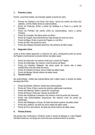 1. Primeira Linha:
Forma uma linha média, da inserção capilar a ponta do nariz:
 Pontos da Cabeça e da Face: Um terço acima do centro da linha dos
cabelos, a linha média entre as sobrancelhas;
 Ponto do Pescoço: Entre o ponto da Cabeça e a Face e o ponto do
Pulmão;
 Ponto do Pulmão: No centro entre as sobrancelhas, como o ponto
Yintang;
 Ponto do Coração: Na altura entre os olhos;
 Ponto do Fígado: Na proeminência mais levada do osso do nariz;
 Ponto do Baço: Entre o ponto do Fígado e o do Rim;
 Ponto do Rim: Na ponta do nariz;
 Ponto dos Órgãos Genitais Externos: No extremo do filtro nasal.
2. Segunda Linha:
Junto à linha média seguindo o contorno do nariz, começando junto ao ponto
do Fígado e terminando na borda inferior da aleta nasal:
 Ponto da Vesícula: Ao mesmo nível que o ponto do Fígado;
 Ponto do Estômago: Ao mesmo nível do ponto do Baço;
 Ponto do Intestino Delgado: Na terça parte do centro até a aleta
nasal(Cada uma das asas do nariz);
 Ponto do Intestino Grosso: Zona média da aleta nasal;
 Ponto da Bexiga: Borda inferior da aleta nasal.
3. Terceira linha:
Da extremidade média das sobrancelhas até a aleta nasal, a ambos os lados
da segunda linha:
 Ponto da Orelha: Extremo médio das sobrancelhas;
 Ponto do Tórax: Entre o ponto da orelha e glândulas mamárias;
 Ponto das Mamas: Sobre o ponto B1 (Jingming);
 Ponto da Nuca e Pescoço: Abaixo do ponto B1;
 Ponto das Vértebras Lombares: No mesmo nível do ponto da Vesícula;
 Ponto das Extremidades Superiores: No mesmo nível do ponto do
Estômago;
 Ponto das Nádegas e Coxas: Ao lado da borda superior da aleta nasal;
 Ponto dos Joelhos: Ao lado da zona média da aleta nasal;
 Ponto do Pé e dos Dedos: Ao lado da borda inferior da aleta nasal.
4. Pontos Extras:
Os pontos dos Testículos e Ovários: entre o ponto da Bexiga e o dos Órgãos
Genitais Externos, ao longo de uma linha que conecta ambos os pontos.
18
 