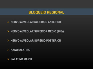 BLOQUEIO REGIONAL
 NERVO ALVEOLAR SUPERIOR ANTERIOR
 NERVO ALVEOLAR SUPERIOR MÉDIO (28%)
 NERVO ALVEOLAR SUPERIO POSTERIOR
 NASOPALATINO
 PALATINO MAIOR
 
