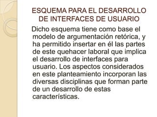 ESQUEMA PARA EL DESARROLLO DE INTERFACES DE USUARIODicho esquema tiene como base el modelo de argumentación retórica, y ha permitido insertar en él las partes de este quehacer laboral que implica el desarrollo de interfaces para usuario. Los aspectos considerados en este planteamiento incorporan las diversas disciplinas que forman parte de un desarrollo de estas características.