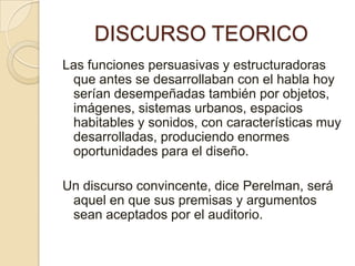 DISCURSO TEORICOLas funciones persuasivas y estructuradoras que antes se desarrollaban con el habla hoy serían desempeñadas también por objetos, imágenes, sistemas urbanos, espacios habitables y sonidos, con características muy desarrolladas, produciendo enormes oportunidades para el diseño.Un discurso convincente, dice Perelman, será aquel en que sus premisas y argumentos sean aceptados por el auditorio. 