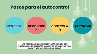 11
Pasos para el autocontrol
PERCIBIR RECONOCE
R
CONTROLA
R
AFRONTAR
LAS TÉCNICAS QUE SE PRESENTARÁN PUEDEN SER
ENTRENADAS EN DISTINTOS MOMENTOS DE NUESTRA VIDA
PARA TENER MEJORES RESULTADOS
 