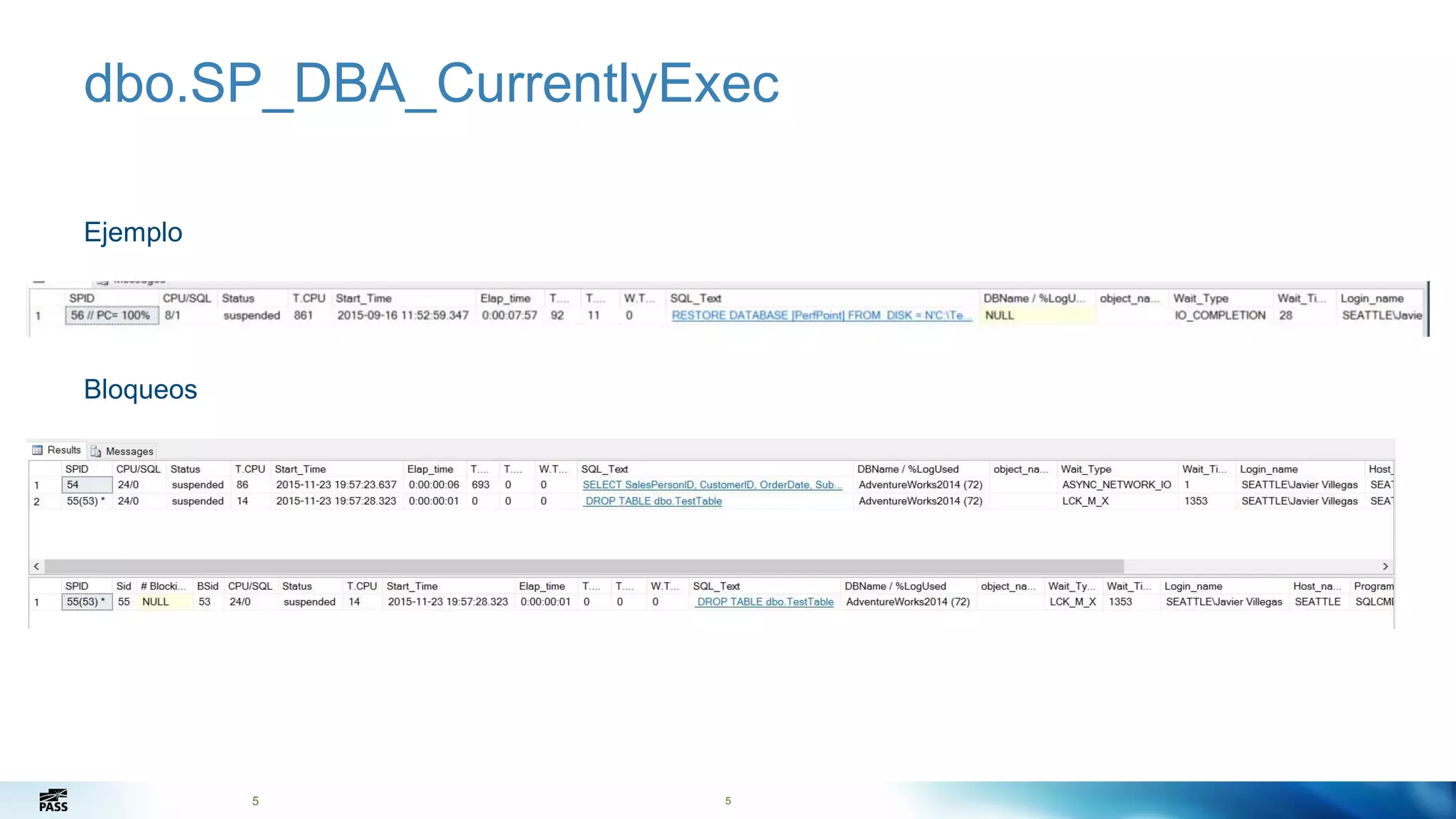 5
dbo.SP_DBA_CurrentlyExec
Ejemplo
Bloqueos
5
 