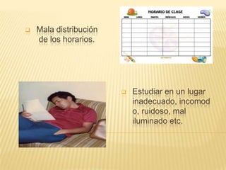 

Mala distribución
de los horarios.



Estudiar en un lugar
inadecuado, incomod
o, ruidoso, mal
iluminado etc.

 