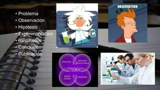 • Problema
• Observación
• Hipótesis
• Experimentación
• Resultados
• Conclusión
• Publicación
 