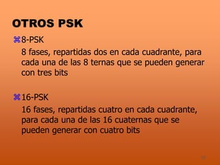 32
OTROS PSK
8-PSK
8 fases, repartidas dos en cada cuadrante, para
cada una de las 8 ternas que se pueden generar
con tres bits
16-PSK
16 fases, repartidas cuatro en cada cuadrante,
para cada una de las 16 cuaternas que se
pueden generar con cuatro bits
 