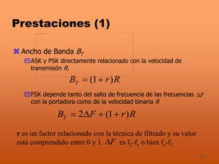 36
Prestaciones (1)
 Ancho de Banda BT
ASK y PSK directamente relacionado con la velocidad de
transmisión R.
FSK depende tanto del salto de frecuencia de las frecuencias
con la portadora como de la velocidad binaria R
RrBT )1( 
RrFBT )1(2 
r es un factor relacionado con la técnica de filtrado y su valor
está comprendido entre 0 y 1. es f2-fc o bien fc-f1
F
F
 