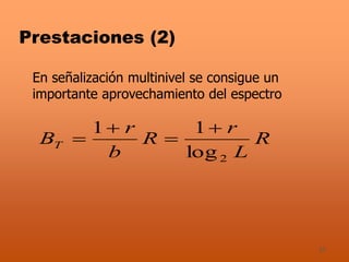 37
Prestaciones (2)
En señalización multinivel se consigue un
importante aprovechamiento del espectro
R
L
r
R
b
r
BT
2log
11 



 