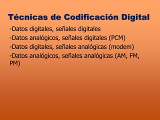 1
Técnicas de Codificación Digital
-Datos digitales, señales digitales
-Datos analógicos, señales digitales (PCM)
-Datos digitales, señales analógicas (modem)
-Datos analógicos, señales analógicas (AM, FM,
PM)
 