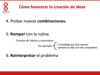 Cómo favorecer la creación de ideas


4. Probar nuevas combinaciones.

5. Romper con la rutina.
     Cambiar de hábitos y costumbres
                                       ir al trabajo por otro camino
                       Por ejemplo
                                       cambiar la silla con otro compañero


6. Reinterpretar el problema
 