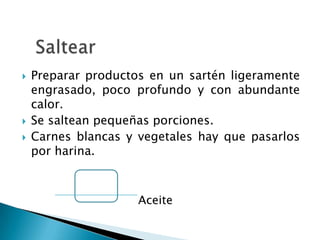 GRILLTécnica de grillar en parrilla o plancha solamente.Se controlan tiempo y temperatura.Esta técnica necesita: Abundante grasa, cortes primarios suaves, porciones pequeñas.Temperaturas internas:½ Rare: 130°F - 140°F¾ Medium: 140°F – 150°FWell done: 150°F – 165°F