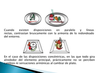 LA FORMA DEL PLATOEl continente o plato tiene gran importancia a la hora del emplatado, el contenido deberá estar dispuesto acorde o con relación a la forma que se percibe y de la superficie que lo contiene.Los platos pueden tener cuatro formas básicas: redondos, cuadrados, rectangulares y triangulares. Los triangulares no tienen formas puras, sino que sus aristas y ángulos son ligeramente curvados, mientras que los rectangulares y cuadrados sí mantienen esas formas. Entonces, a la hora de disponer los alimentos en ellos podemos agruparlos en dos grupos.
