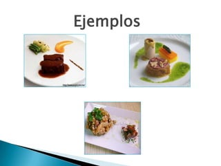 COMPOSICIÓN SIMÉTRICAReferida a un equilibrio bilateral y proporcional entre las partes del plato, con un equilibrio entre el peso de los diferentes componentes. Existe igualdad de peso en las dos partes del plato, como alas de mariposa. Transmite una sensación de orden y armonía procedente de la misma naturaleza.