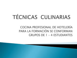 TÉCNICAS  CULINARIAS COCINA PROFESIONAL DE HOTELERÍA PARA LA FORMACIÓN SE CONFORMAN GRUPOS DE 1 – 4 ESTUDIANTES 