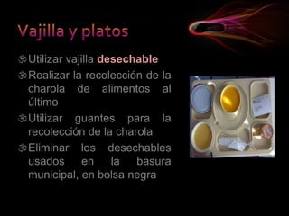 Utilizar vajilla desechable
Realizar la recolección de la
charola de alimentos al
último
Utilizar guantes para la
recolección de la charola
Eliminar los desechables
usados en la basura
municipal, en bolsa negra
 