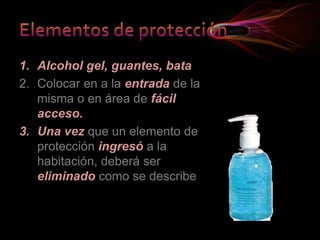 1. Alcohol gel, guantes, bata
2. Colocar en a la entrada de la
misma o en área de fácil
acceso.
3. Una vez que un elemento de
protección ingresó a la
habitación, deberá ser
eliminado como se describe
 