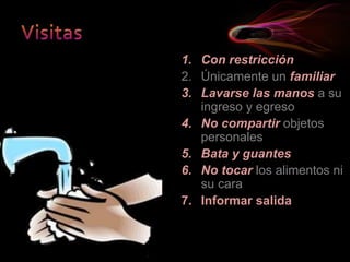 1. Con restricción
2. Únicamente un familiar
3. Lavarse las manos a su
ingreso y egreso
4. No compartir objetos
personales
5. Bata y guantes
6. No tocar los alimentos ni
su cara
7. Informar salida
 