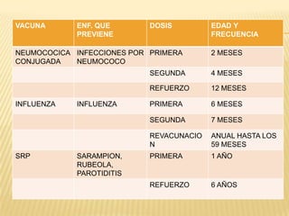 VACUNA      ENF. QUE        DOSIS         EDAD Y
            PREVIENE                      FRECUENCIA

NEUMOCOCICA INFECCIONES POR PRIMERA       2 MESES
CONJUGADA   NEUMOCOCO
                            SEGUNDA       4 MESES

                            REFUERZO      12 MESES

INFLUENZA   INFLUENZA       PRIMERA       6 MESES

                            SEGUNDA       7 MESES

                            REVACUNACIO   ANUAL HASTA LOS
                            N             59 MESES
SRP         SARAMPION,      PRIMERA       1 AÑO
            RUBEOLA,
            PAROTIDITIS
                            REFUERZO      6 AÑOS
 