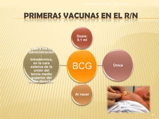 Alimentación Parenteral   Dra. Loaiza




PRIMERAS VACUNAS EN EL R/N

                   Dosis:
                   0.1 ml

  Sitio y vía de
 administración
          :
  Intradérmica,
     en la cara
  externa de la
     unión del
                   BCG                           Única

   tercio medio
   superior del
 brazo derecho.


                   Al nacer




                                                               41
 