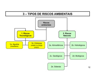 12
12
3 – TIPOS DE RISCOS AMBIENTAIS
Riscos
ambientais
1. Riscos
Tecnológicos
2. Riscos
Naturais
2a. Atmosféricos 2b. Hidrológicos
2c. Geológicos 2d. Biológicos
2e. Siderais
1a. Agudos
(Imediatos)
1b. Crônicos
(médio ou longo
prazo)
 