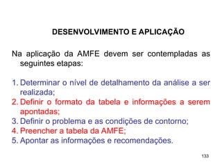 133
133
Na aplicação da AMFE devem ser contempladas as
seguintes etapas:
1. Determinar o nível de detalhamento da análise a ser
realizada;
2. Definir o formato da tabela e informações a serem
apontadas;
3. Definir o problema e as condições de contorno;
4. Preencher a tabela da AMFE;
5. Apontar as informações e recomendações.
DESENVOLVIMENTO E APLICAÇÃO
 