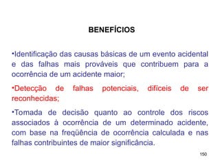 150
150
•Identificação das causas básicas de um evento acidental
e das falhas mais prováveis que contribuem para a
ocorrência de um acidente maior;
•Detecção de falhas potenciais, difíceis de ser
reconhecidas;
•Tomada de decisão quanto ao controle dos riscos
associados à ocorrência de um determinado acidente,
com base na freqüência de ocorrência calculada e nas
falhas contribuintes de maior significância.
BENEFÍCIOS
 