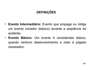 154
154
• Evento Intermediário: Evento que propaga ou mitiga
um evento iniciador (básico) durante a seqüência do
acidente;
• Evento Básico: Um evento é considerado básico,
quando nenhum desenvolvimento a mais é julgado
necessário;
DEFINIÇÕES
 