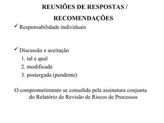 Responsabilidade individuais
Discussão e aceitação
1. tal e qual
2. modificada
3. postergada (pendente)
O comprometimento se consolida pela assinatura conjunta
do Relatório de Revisão de Riscos de Processos
REUNIÕES DE RESPOSTAS /
RECOMENDAÇÕES
 