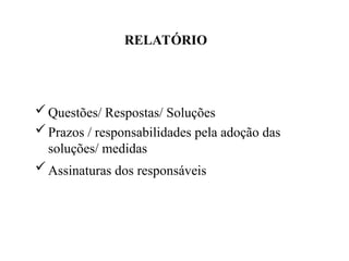 Questões/ Respostas/ Soluções
Prazos / responsabilidades pela adoção das
soluções/ medidas
Assinaturas dos responsáveis
RELATÓRIO
 