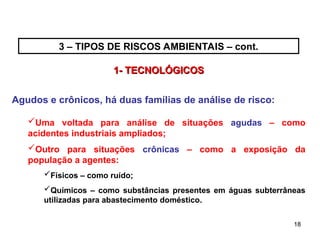18
18
Agudos e crônicos, há duas famílias de análise de risco:
Uma voltada para análise de situações agudas – como
acidentes industriais ampliados;
Outro para situações crônicas – como a exposição da
população a agentes:
Físicos – como ruído;
Químicos – como substâncias presentes em águas subterrâneas
utilizadas para abastecimento doméstico.
1- TECNOLÓGICOS
1- TECNOLÓGICOS
3 – TIPOS DE RISCOS AMBIENTAIS – cont.
 