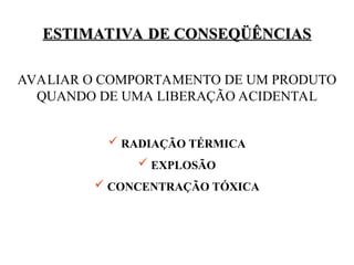 ESTIMATIVA DE CONSEQÜÊNCIAS
ESTIMATIVA DE CONSEQÜÊNCIAS
AVALIAR O COMPORTAMENTO DE UM PRODUTO
QUANDO DE UMA LIBERAÇÃO ACIDENTAL
 RADIAÇÃO TÉRMICA
 EXPLOSÃO
 CONCENTRAÇÃO TÓXICA
 