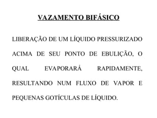 VAZAMENTO BIFÁSICO
VAZAMENTO BIFÁSICO
LIBERAÇÃO DE UM LÍQUIDO PRESSURIZADO
ACIMA DE SEU PONTO DE EBULIÇÃO, O
QUAL EVAPORARÁ RAPIDAMENTE,
RESULTANDO NUM FLUXO DE VAPOR E
PEQUENAS GOTÍCULAS DE LÍQUIDO.
 