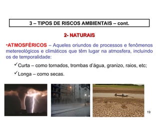 19
19
2- NATURAIS
2- NATURAIS
•ATMOSFÉRICOS – Aqueles oriundos de processos e fenômenos
metereológicos e climáticos que têm lugar na atmosfera, incluindo
os de temporalidade:
Curta – como tornados, trombas d’água, granizo, raios, etc;
Longa – como secas.
3 – TIPOS DE RISCOS AMBIENTAIS – cont.
 
