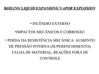 B
BOILING
OILING L
LIQUID
IQUID E
EXPANDING
XPANDING V
VAPOR
APOR E
EXPLOSION
XPLOSION
• INCÊNDIO EXTERNO
•IMPACTOS MECÂNICOS E CORROSÃO
• PERDA DA RESISTÊNCIA MECÂNICA: AUMENTO
DE PRESSÃO INTERNA (SUPERENCHIMENTO),
FALHA DE MATERIAL, REAÇÕES FORA DE
CONTROLE
 