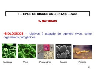 23
23
•BIOLÓGICOS – relativos à atuação de agentes vivos, como
organismos patogênicos.
2- NATURAIS
2- NATURAIS
Bactérias Vírus Protozoários Fungos Parasita
3 – TIPOS DE RISCOS AMBIENTAIS – cont.
 