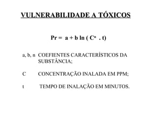VULNERABILIDADE A TÓXICOS
VULNERABILIDADE A TÓXICOS
Pr = a + b ln ( Cn
. t)
a, b, n COEFIENTES CARACTERÍSTICOS DA
SUBSTÂNCIA;
C CONCENTRAÇÃO INALADA EM PPM;
t TEMPO DE INALAÇÃO EM MINUTOS.
 