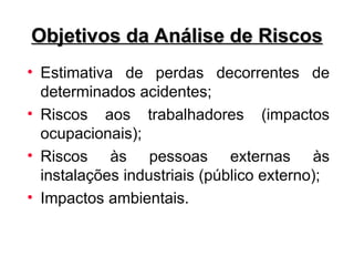 Objetivos da Análise de Riscos
Objetivos da Análise de Riscos
• Estimativa de perdas decorrentes de
determinados acidentes;
• Riscos aos trabalhadores (impactos
ocupacionais);
• Riscos às pessoas externas às
instalações industriais (público externo);
• Impactos ambientais.
 